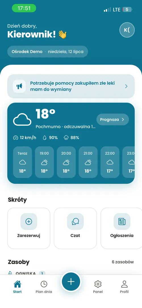 Pulpit bazy w aplikacji NaOsrodku — pogoda, skróty, zasoby