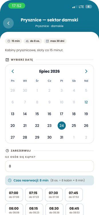 Rezerwacja prysznica — system pojemności liczy czas